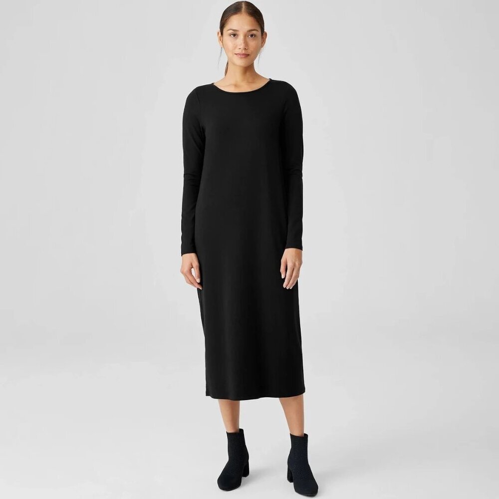 Eileen Fisher Black Long Sleeve Crewneck Shift Dress Women's Size L